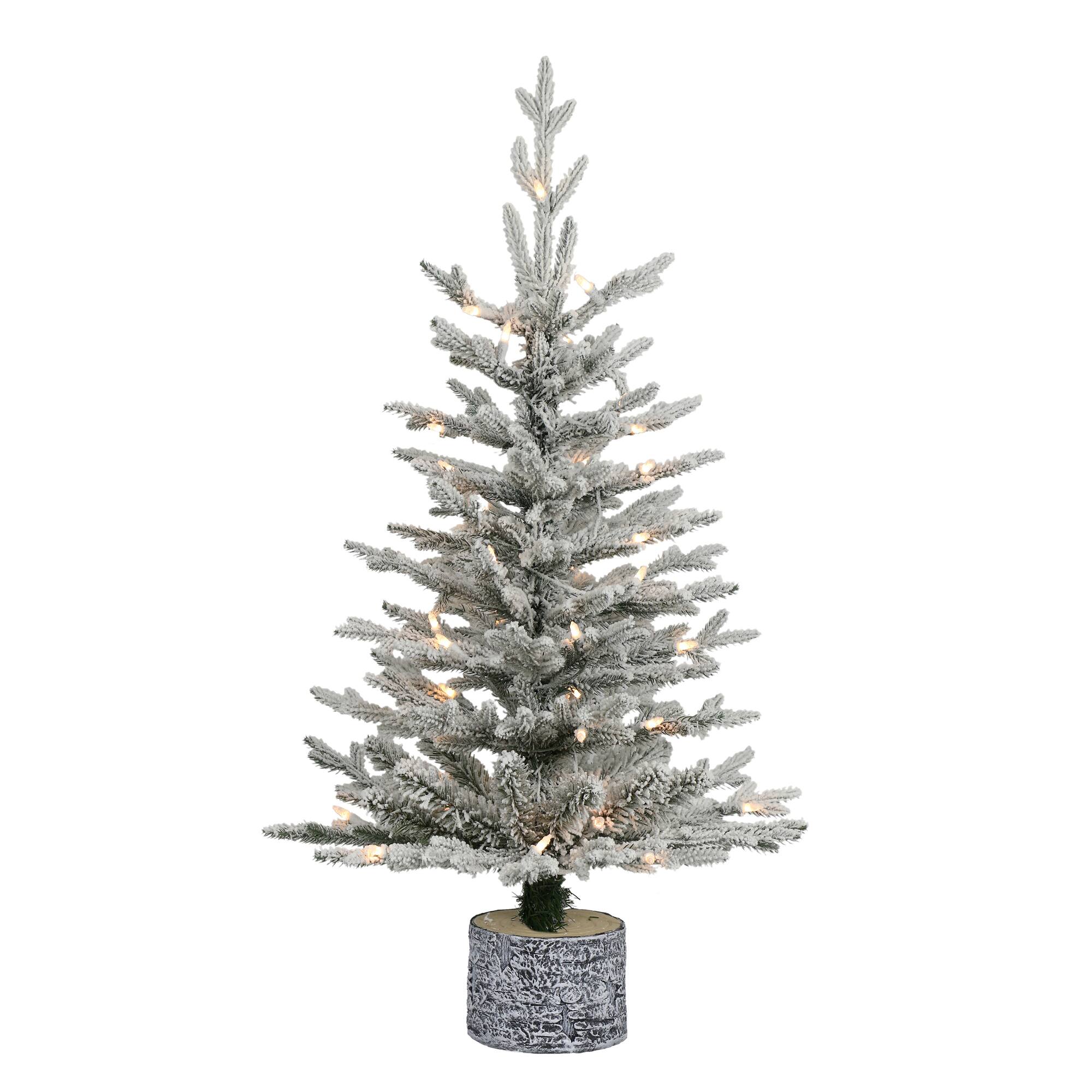 6 Pack: 3ft. Pre-Lit Flocked Arctic Fir Tree in Stump Planter, Warm White LED Lights
